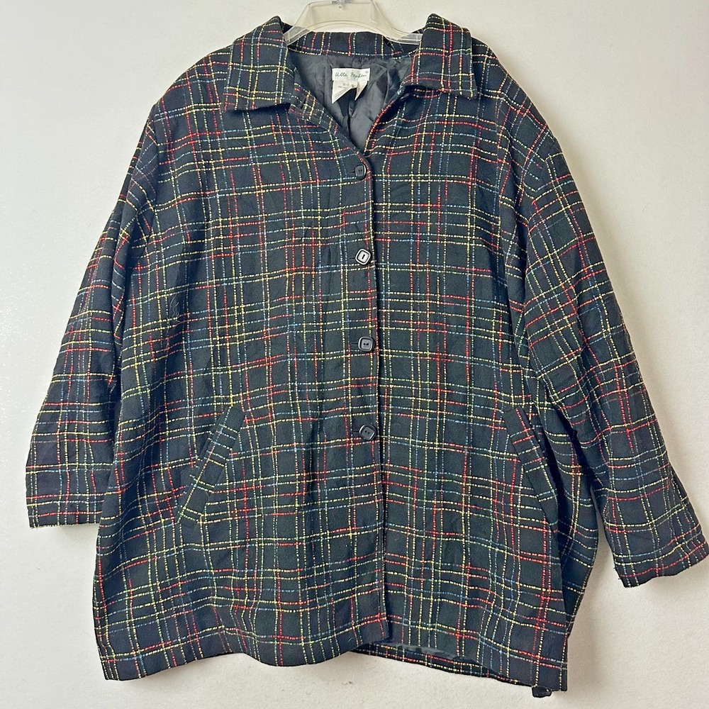 Ulla Popken Womens Plus Sz 24/26 Wool Blend Plaid‎ Jacket Relaxed Fit Black Coat